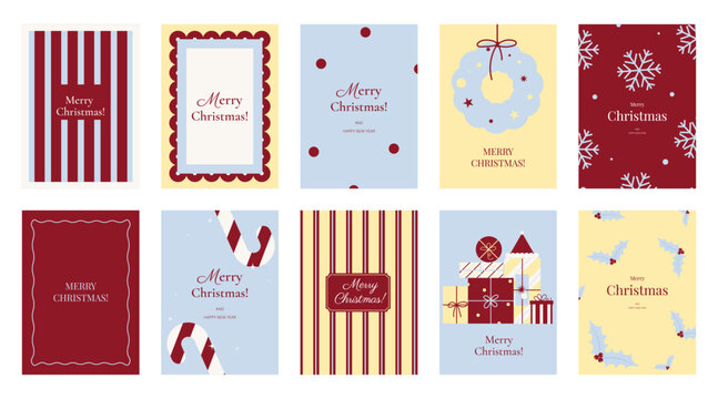 Christmas and Happy holiday greeting card vector set. Elegant wallpaper with geometric Christmas elements and pattern . Holidays design illustration for cover, print, poster, Happy New Year, ads.