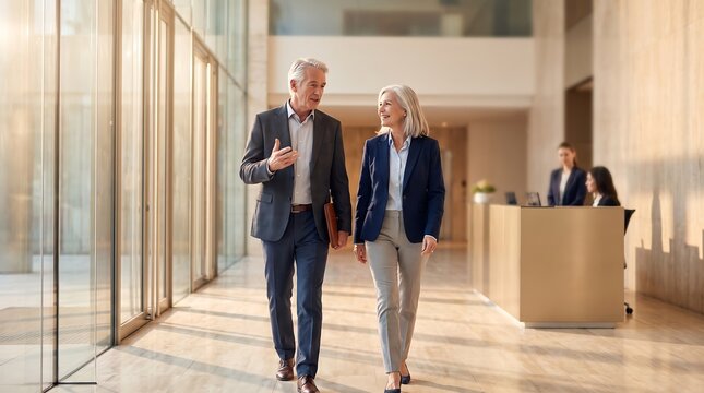 Senior business executives walking and talking together in modern lobby