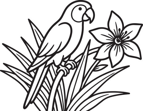 parrot with tropical flower line art icon nature bird vector illustration