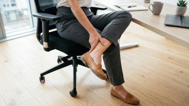 Businesswoman sitting in office chair suffering from ankle pain or foot strain while working in modern workplace environment health and wellness focus