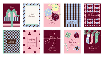 Obraz premium Christmas and Happy holiday greeting card vector set. Elegant wallpaper with geometric Christmas elements and pattern . Holidays design illustration for cover, print, poster, Happy New Year, ads.