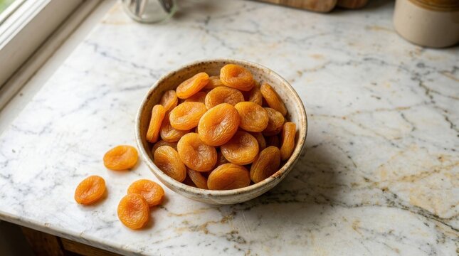 Ceramic Bowl Filled With Sweet Dried Apricots Placed On A Bright White Marble Countertop Surface With Natural Light For Healthy Snack Concept