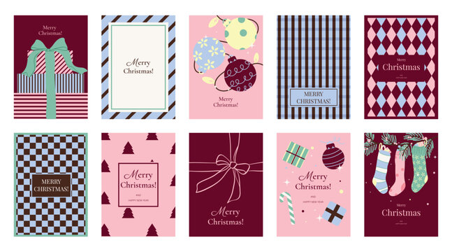 Christmas and Happy holiday greeting card vector set. Elegant wallpaper with geometric Christmas elements and pattern . Holidays design illustration for cover, print, poster, Happy New Year, ads.