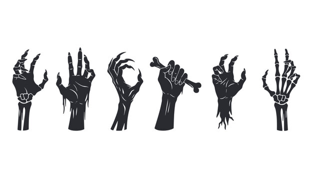 Collection of six spooky black silhouettes of zombie hands and skeletal arms rising from the ground for Halloween.