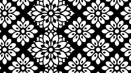 Fototapeta premium Symmetrical floral mandala seamless pattern with white stylized flowers on solid black background creates elegant decorative repeating design for textile and decor