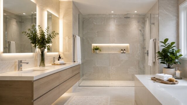 Modern luxury spa-like bathroom with glass walk-in shower, double vanity, neutral marble tiles, indoor plants, bathtub edge, warm backlit mirrors and ambient LED lighting