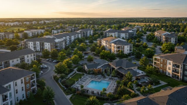 Aerial sunset view of a suburban apartment complex centered on a communal swimming pool and landscaped courtyards