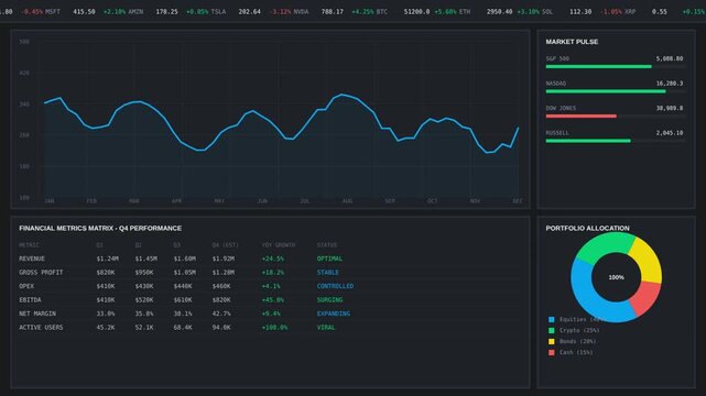 Cyber financial analytics dashboard. Digital stock market data visualization interface.
