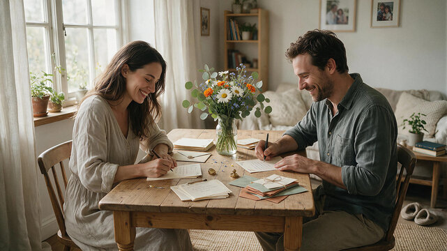 Happy Couple Writing Handwritten Letters and Invitations Together at a Rustic Wooden Table