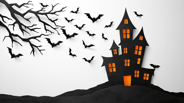 Spooky paper cut art Halloween banner with black haunted castle flying bats and dry tree on light gray background perfect for spooky seasonal holiday decoration