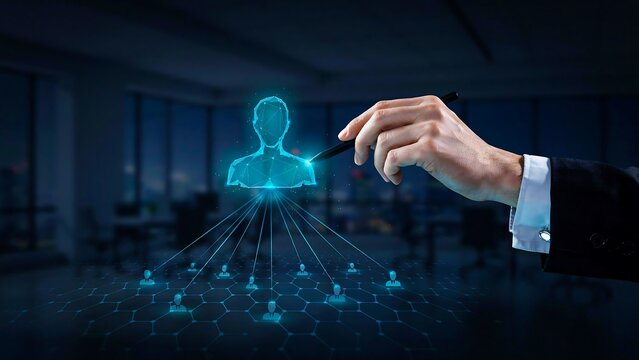 Business hand selecting virtual employee network for digital recruitment and human resources