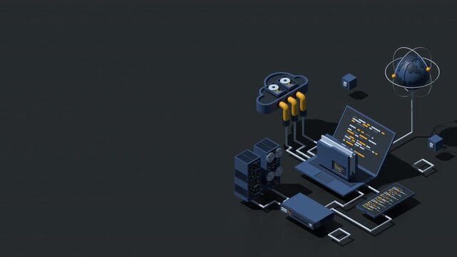 3D isometric cloud authentication system with laptop animation. Cloud technology computing concept. Cloud database. Internet data services. 4K video animated in isometric style