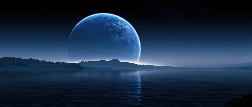 Large blue planet Earth rising above calm dark ocean with rocky mountain coastline from distant alien planet creates dramatic sci-fi cosmic landscape