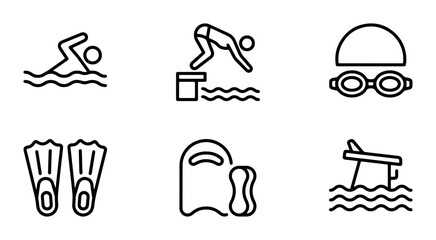 Swimming Icons Set: Freestyle Swimmer, Diver, Goggles, Flippers, Kickboard, Surfboard Fin, Vector Graphics for Sports and Recreation © Arafat