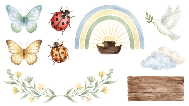 Watercolor Noah's Ark Elements with Dove, Rainbow, Butterflies, and Ladybugs