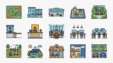 Fototapeta premium Professional Colorful Illustrated Icons Set Featuring Urban Life Workspaces Transportation and Facilities