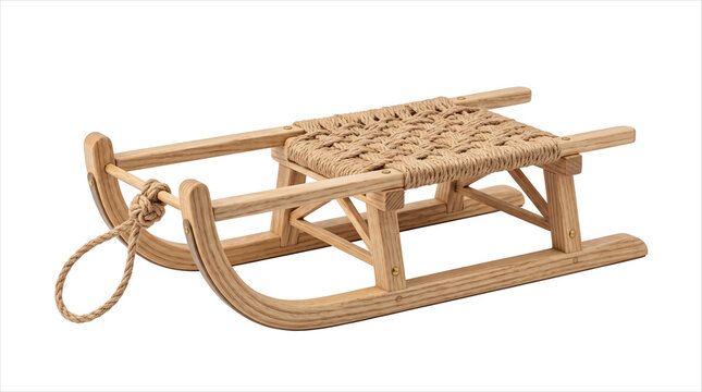 A classic wooden sled with a woven natural rope seat - ideal for winter-themed promotions, holiday decor, children's toy catalogs, and seasonal graphic design assets