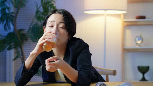 お酒を飲んで文句を言う女性。お酒、ビール、居酒屋、絡む、愚痴、くだを巻く、酔っ払い、迷惑