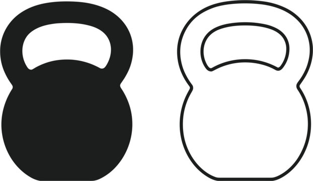 Minimal kettlebell fitness icon set, black and white gym equipment vector illustration isolated design