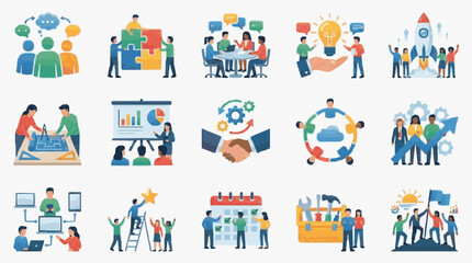 Fototapeta premium Industrial Showcasing Diverse Team Collaboration Innovation and Business Growth Concepts with Colorful Icons