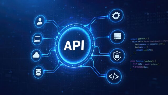 Glowing blue API hub graphic connecting icons for cloud, database, server, security, code and devices over a code-filled digital background