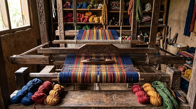 Traditional wooden handloom weaving vibrant textile in rustic workshop