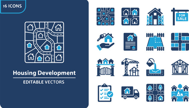 Real Estate and Residential Housing Development Infographic Vector Icon Set Featuring Infrastructure and Construction Concepts
