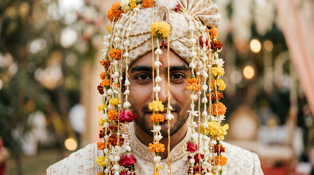 Single Groom Face Partially Visible Behind Hanging Floral Sehra Eyes Through Flowers Expression Calm, Outdoor Light, Authentic Anticipation Baraat Wedding Portrait India