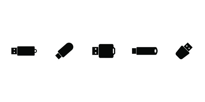 Five black silhouette depicting various usb flash drives and portable data storage devices for transferring files between computers