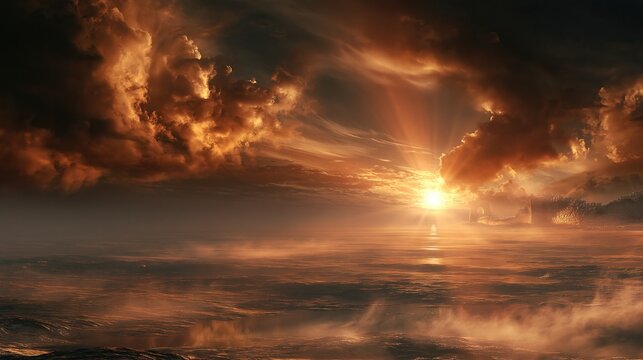 Dramatic golden sunset over calm ocean with glowing warm sun rays breaking through dark clouds and ancient stone ruins on distant coastline creates beautiful atmospheric seascape