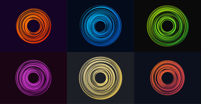 Abstract glowing circular light trails, set of 6 neon swirl ring vectors, futuristic motion blur vortex elements for tech and music backgrounds