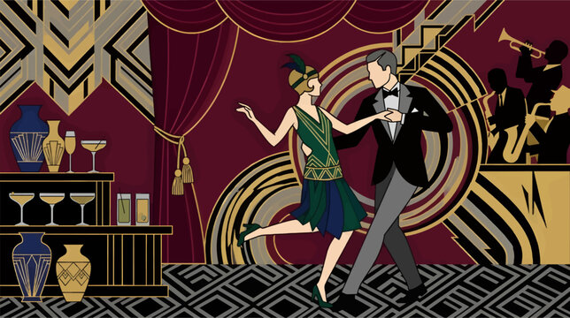 Art Deco Couple Dancing at a Roaring Twenties Party with Live Jazz Band, Elegant Flapper Dress and Tuxedo, Champagne Glasses and Vases, Luxurious Interior Scene