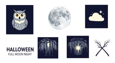 A collection of stylized nocturnal Halloween icons featuring an owl full moon cloud forest scenes and branches