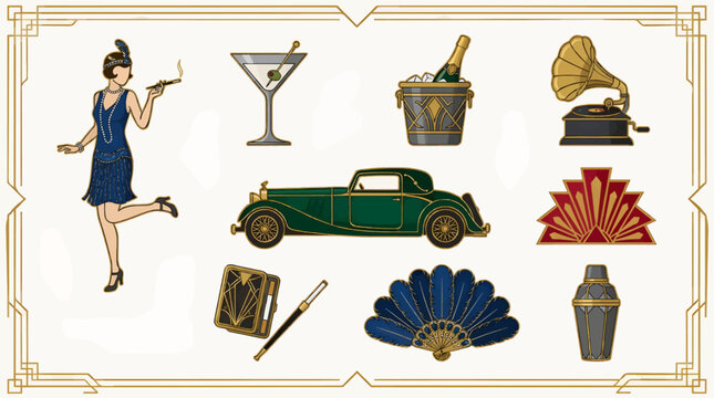 Art Deco Icon Set: Flapper Woman, Vintage Car, Martini, Champagne, Gramophone, Fan, Cocktail Shaker, Geometric Designs, Elegant 1920s Style