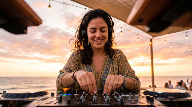 young woman dj at the beach party