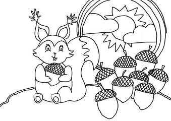 Cute Squirrel Coloring Page for Kids – Forest Animal with Acorns Printable © Veronika