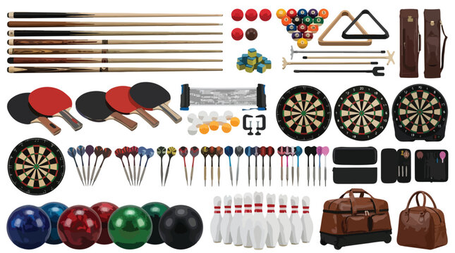 Professional indoor sports equipment collection, billiard cues and bowling balls set, dartboards with table tennis paddles and accessories vector isolated PNG with Transparent Background