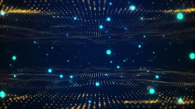 Seamless loop of dark blue digital technology grid background with glowing data particles