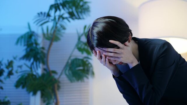 落ち込む女性ビジネスパーソン。ストレス、悩み、心配、不安、トラブル、暗い、疲労、孤独、しんどい