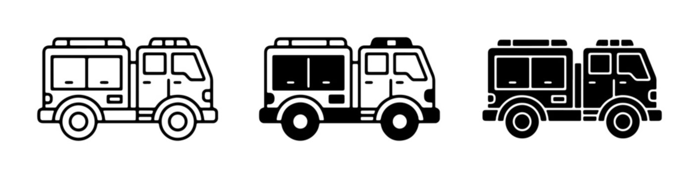 Fire Truck Icons, Emergency Vehicle Vector Graphics, Rescue Service Symbols, Firefighter Transport Illustrations, Set of 3