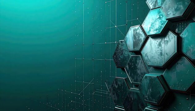 Futuristic teal hexagon grid in digital background.