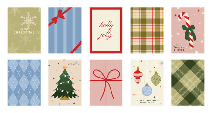 Christmas and Happy holiday greeting card vector set. Elegant wallpaper with geometric Christmas elements and pattern . Holidays design illustration for cover, print, poster, Happy New Year, ads.