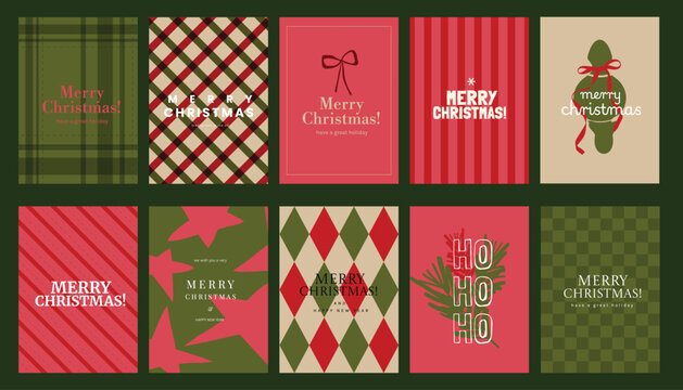 Christmas and Happy holiday greeting card vector set. Elegant wallpaper with geometric Christmas elements and pattern . Holidays design illustration for cover, print, poster, Happy New Year, ads.