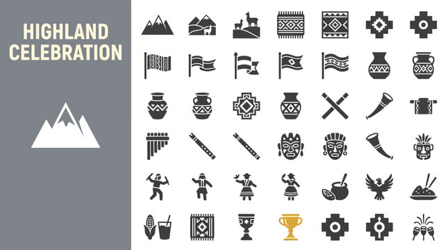 Collection of Andean Cultural Celebration Symbols and Highland Traditional Elements Vector Illustration Set