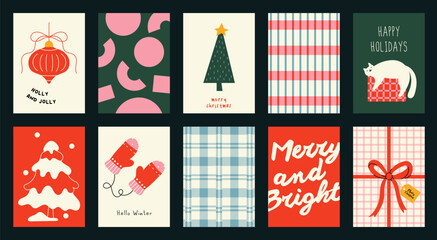 Obraz premium Christmas and Happy holiday greeting card vector set. Elegant wallpaper with geometric Christmas elements and pattern . Holidays design illustration for cover, print, poster, Happy New Year, ads.
