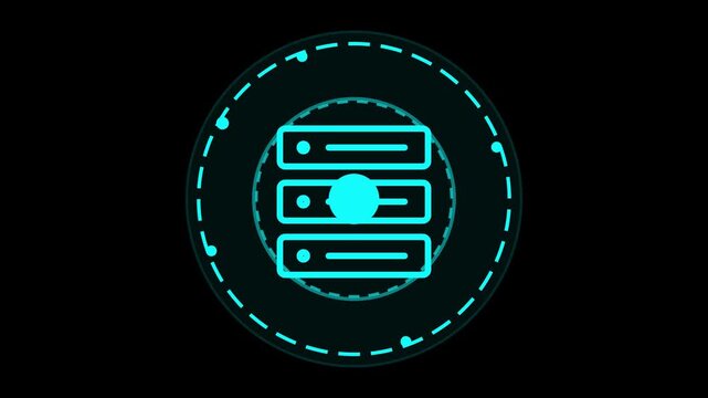Neon blue digital server data storage center icon featuring circular futuristic interface design for high performance cloud computing networks