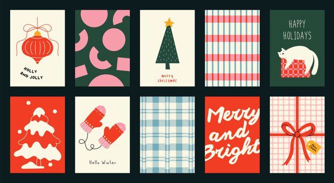 Christmas and Happy holiday greeting card vector set. Elegant wallpaper with geometric Christmas elements and pattern . Holidays design illustration for cover, print, poster, Happy New Year, ads.