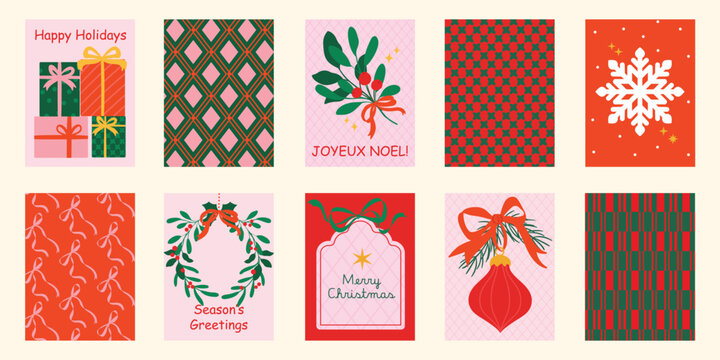 Christmas and Happy holiday greeting card vector set. Elegant wallpaper with geometric Christmas elements and pattern . Holidays design illustration for cover, print, poster, Happy New Year, ads.