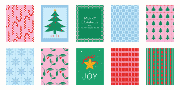 Christmas and Happy holiday greeting card vector set. Elegant wallpaper with geometric Christmas elements and pattern . Holidays design illustration for cover, print, poster, Happy New Year, ads.