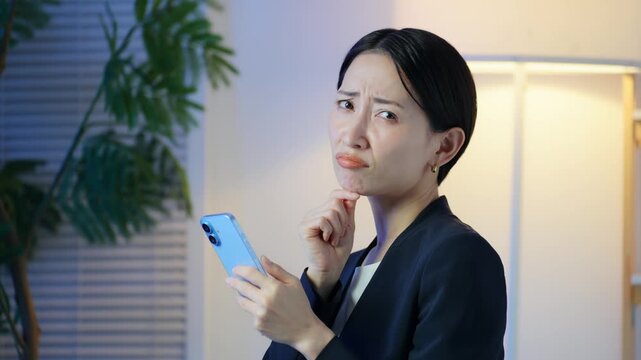 暗い部屋でスマホを見ながら悩むミドル女性。不安、心配、SNS、アプリ、疑問、不満、残念、落ち込む